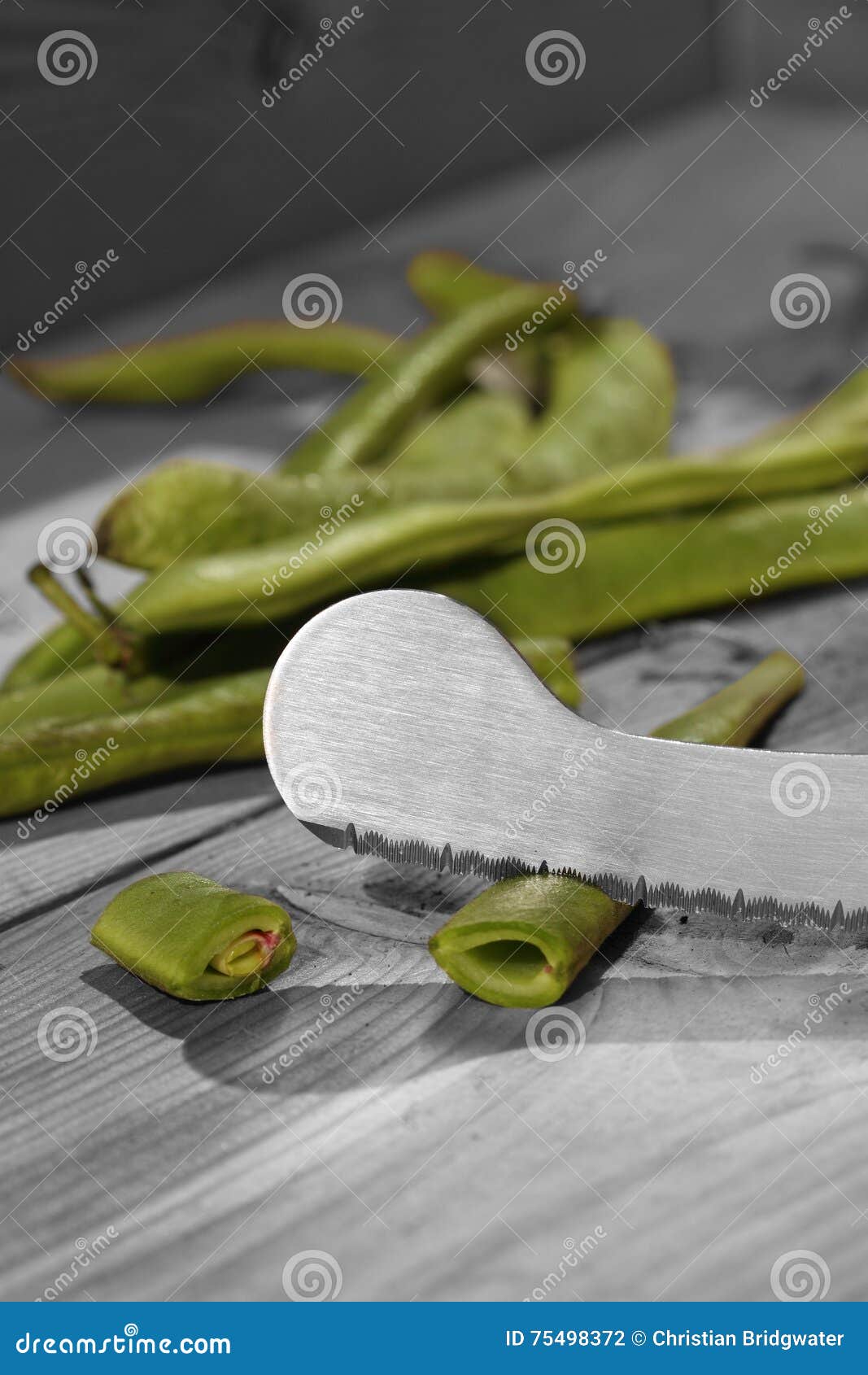 Green beans cutting knife stock photo. Image of wood 75498372