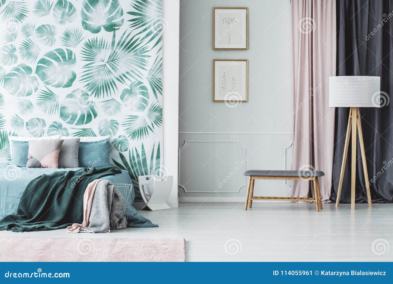 Green Bedroom Interior With Leaves Stock Image - Image of pink, bedding