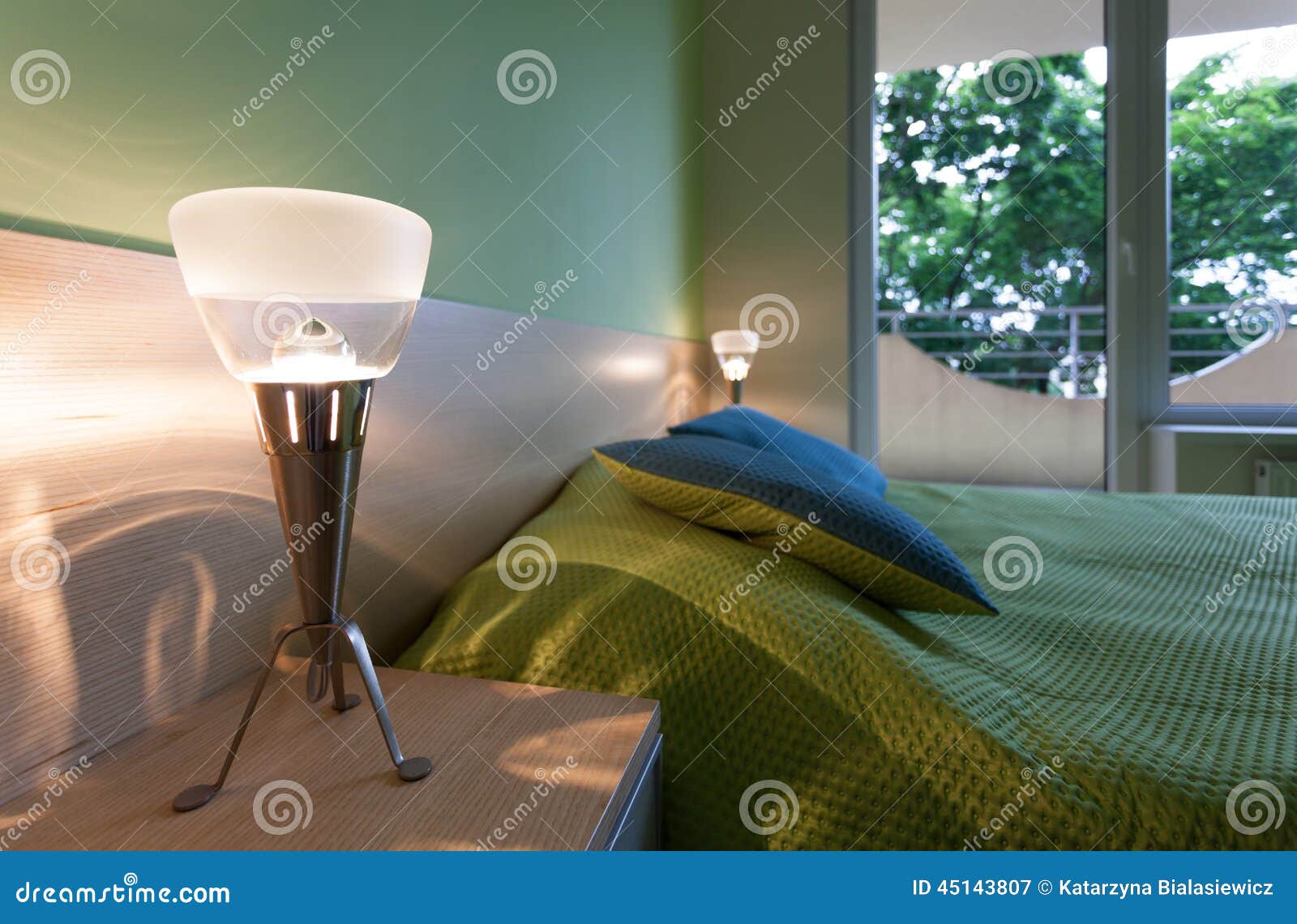 Green Bedroom with Modern Lamps Stock Image Image of cosy, bedding