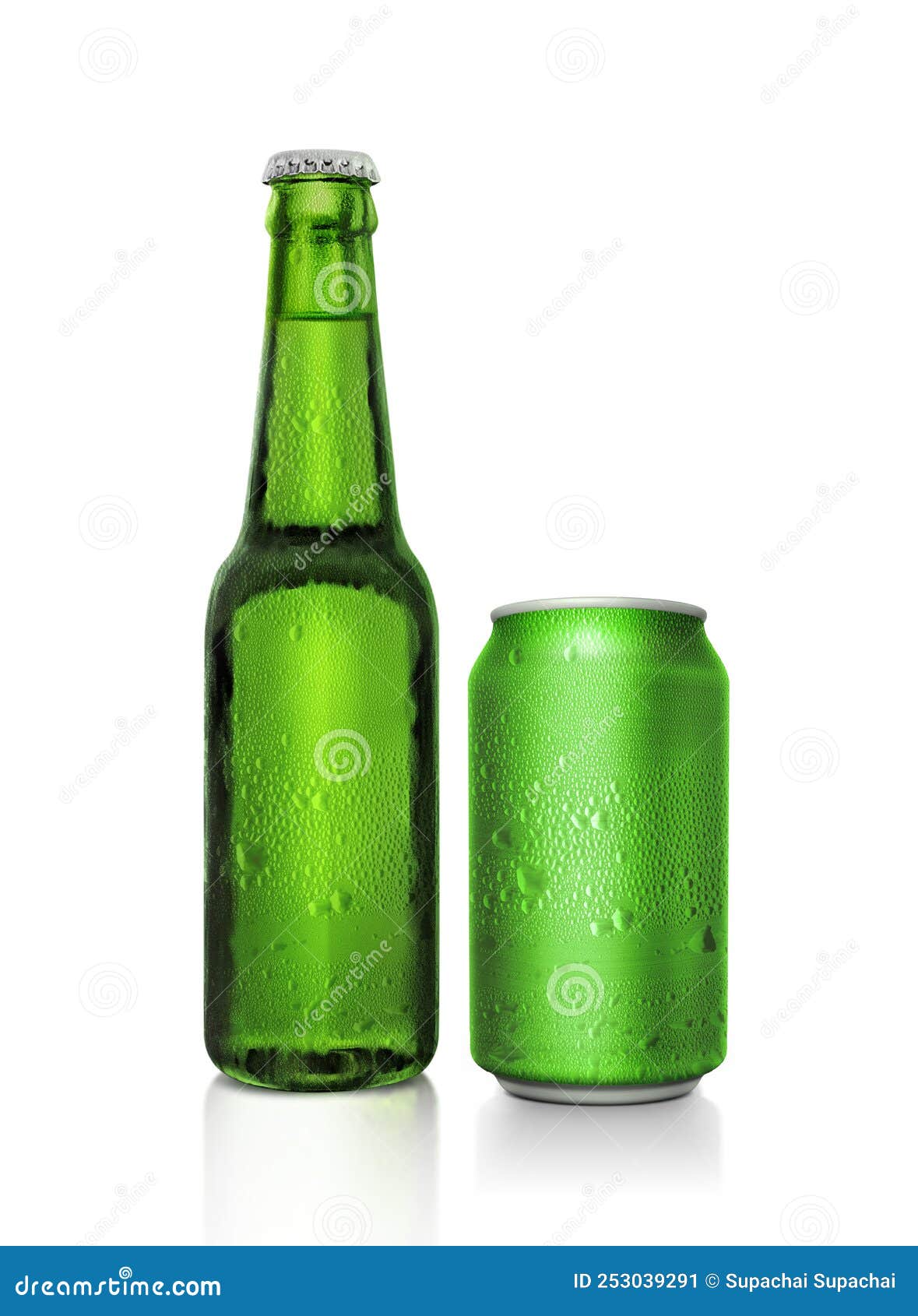 Green Beer Bottle and Green Beer Can with Water Droplets on a White