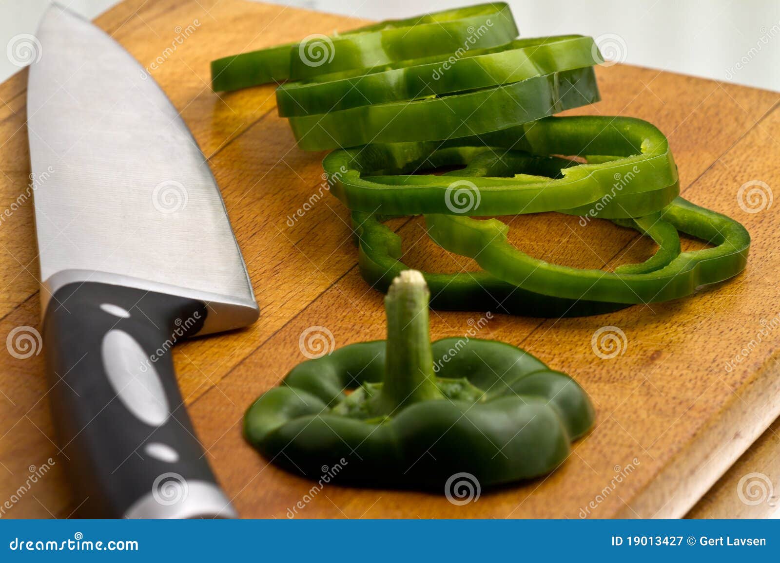 Green Bell Peppers at Wooden Cutting Board Stock Image Image of