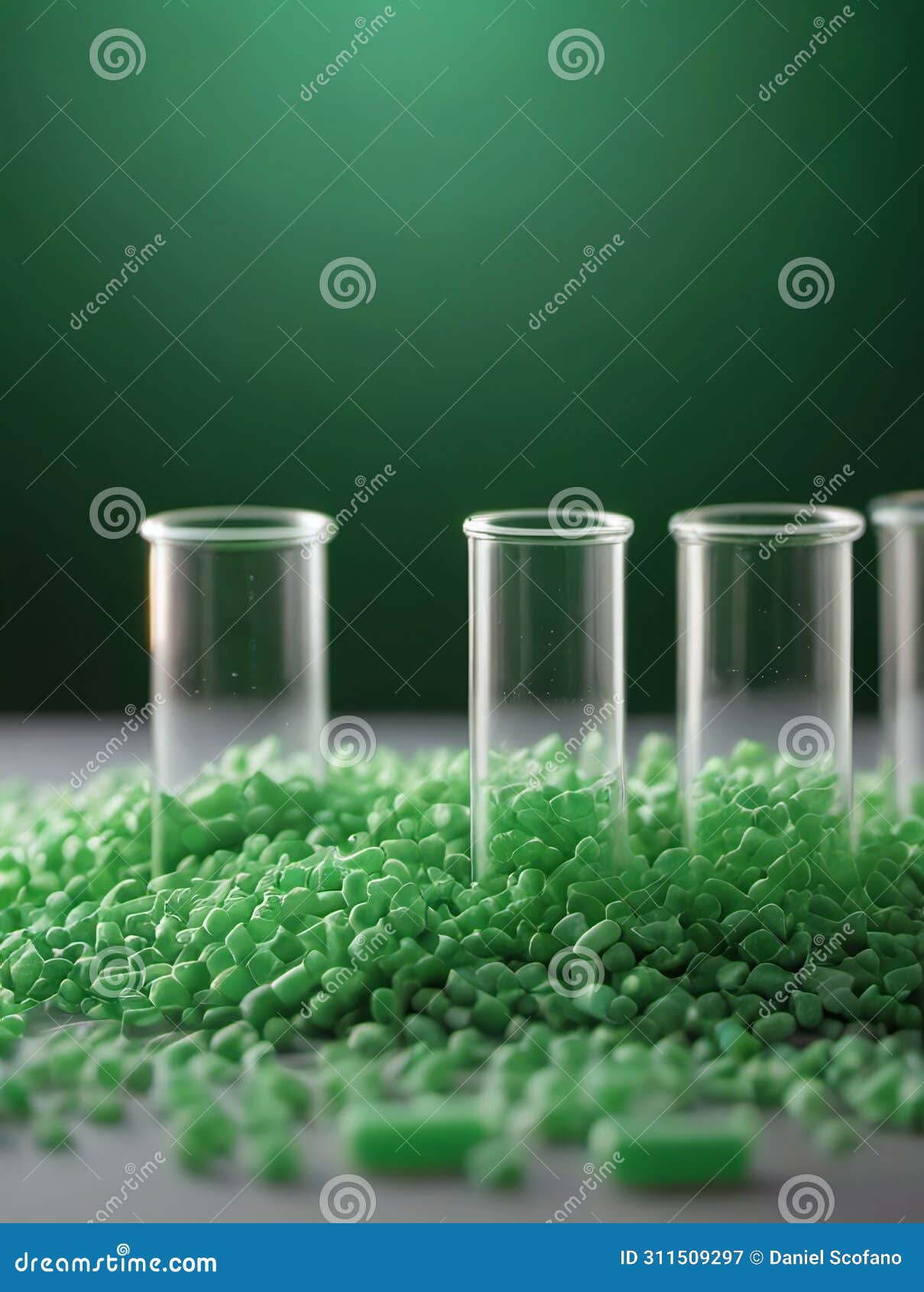 Green Biodegradable Plastic Granules in Test Tubes, Recycling Plastic Concept. Generative AI