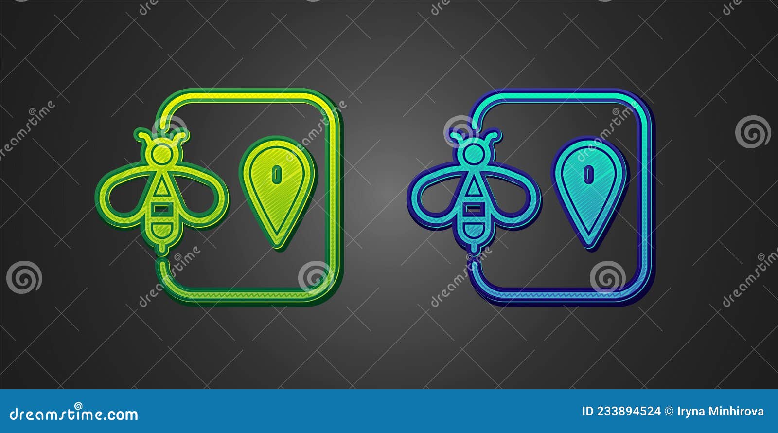 Green and Blue Bee Location Map Pin Pointer Icon Isolated on Black
