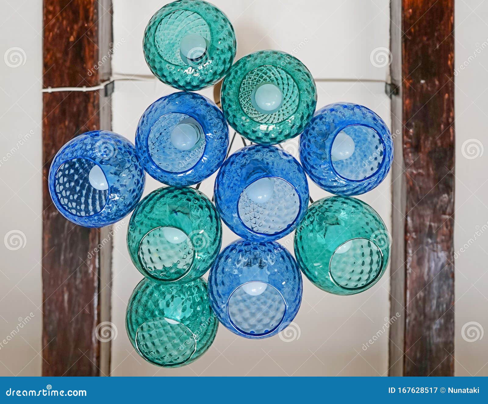 Green and Blue Glass Chandelier Lamp in Vintage Style Hanging on