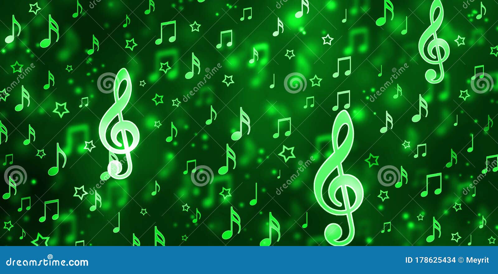 Green Blurred Musical Abstract Bokeh Background with Notes Stock