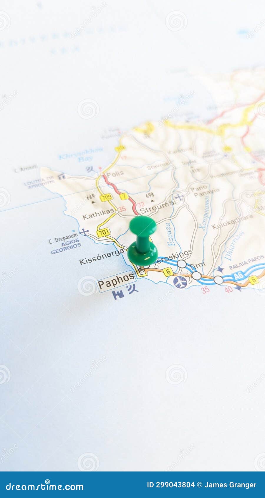 A Green Board Pin Stuck in Paphos on a Map of Cyprus Portrait Editorial ...