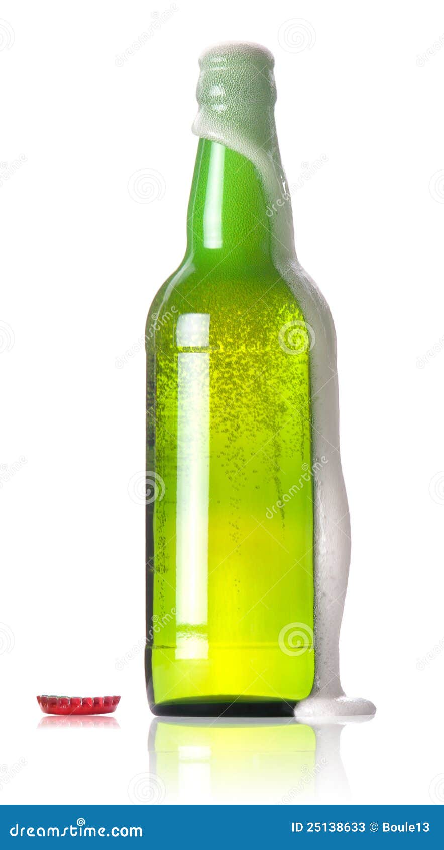 Green Bottle of Beer with a Flowing Foam Stock Image Image of closeup