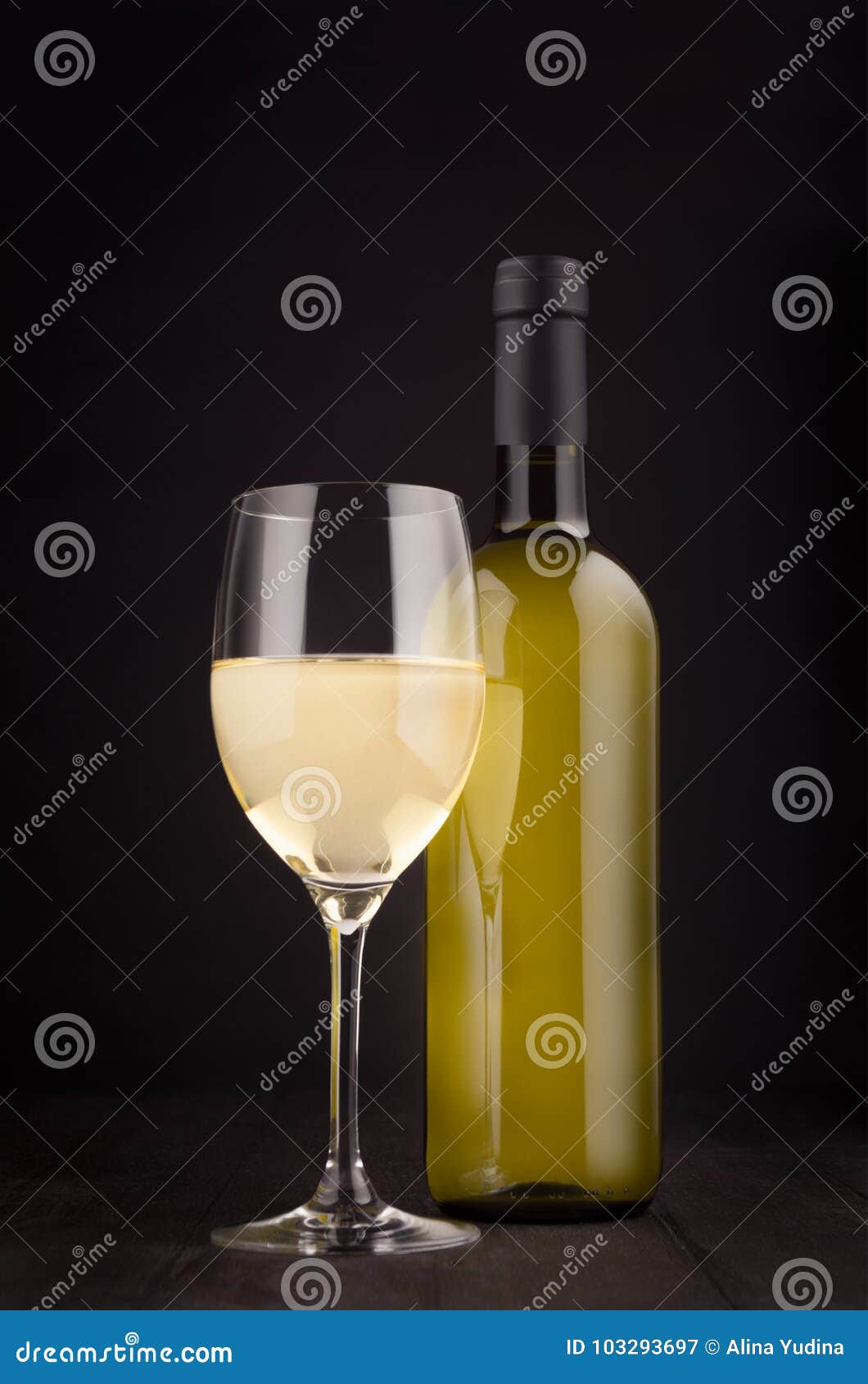 Download Green Bottle Of White Wine And Wine Glass Mock Up On Elegant Dark Black Wooden Background Vertical Stock Image Image Of Menu Board 103293697
