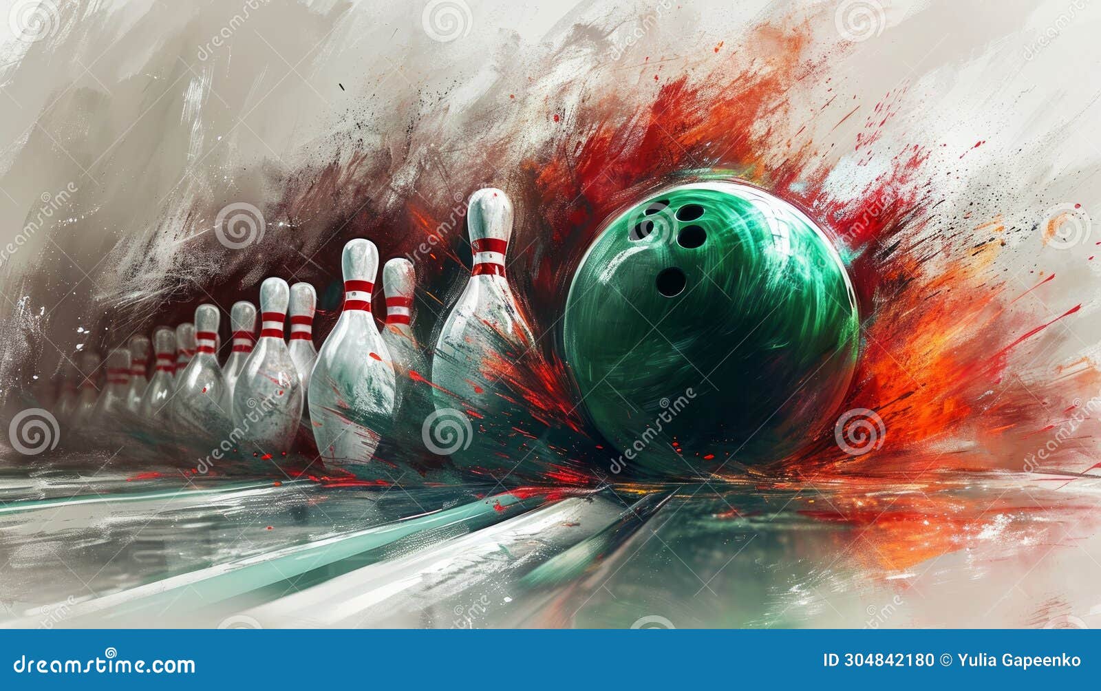 A Green Bowling Ball Hitting Other Bowling Pins Stock Photo Image of
