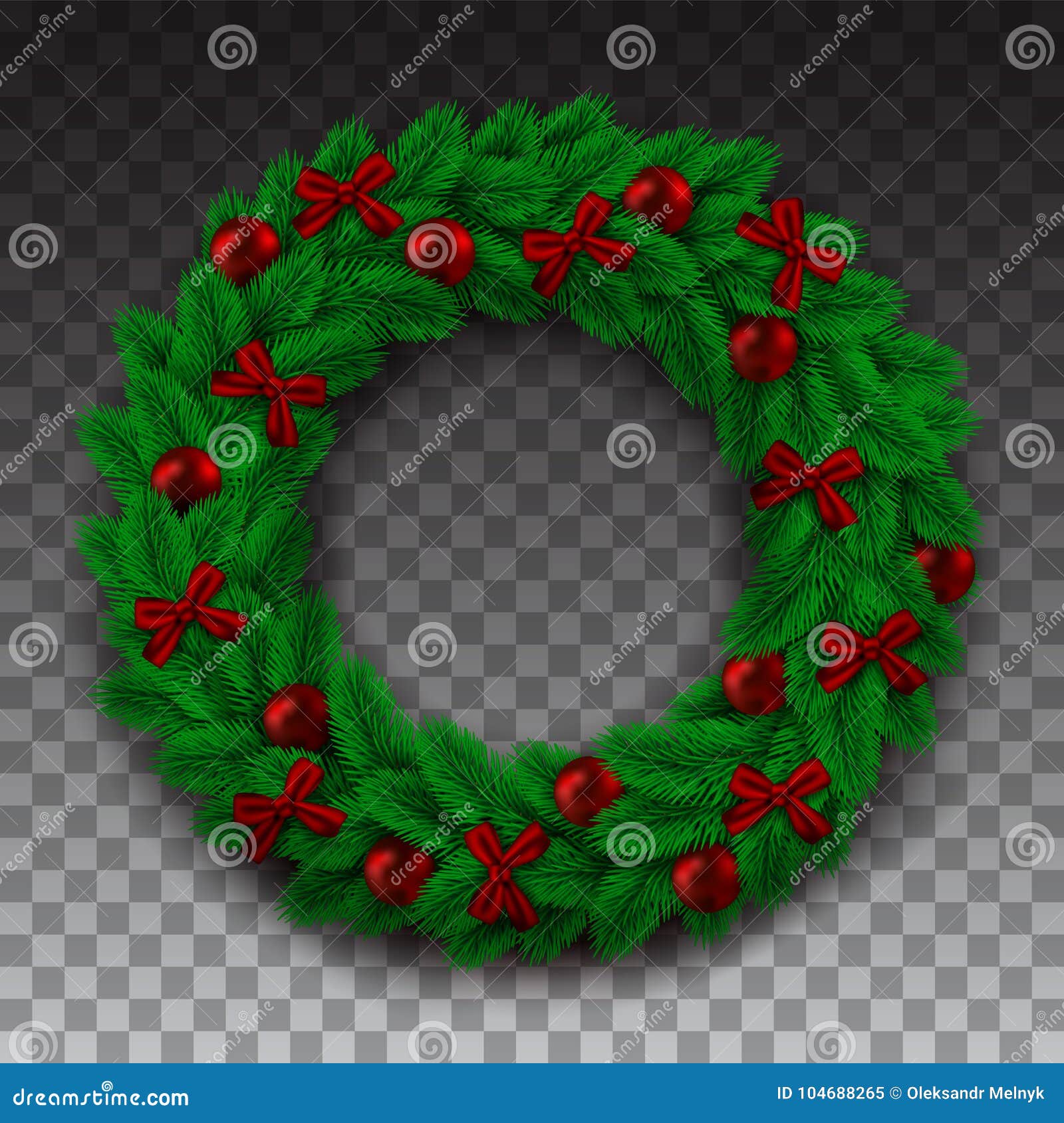 green branch of spruce in the form of a christmas wreath with shadow. red bow balls and beads on the background checkers
