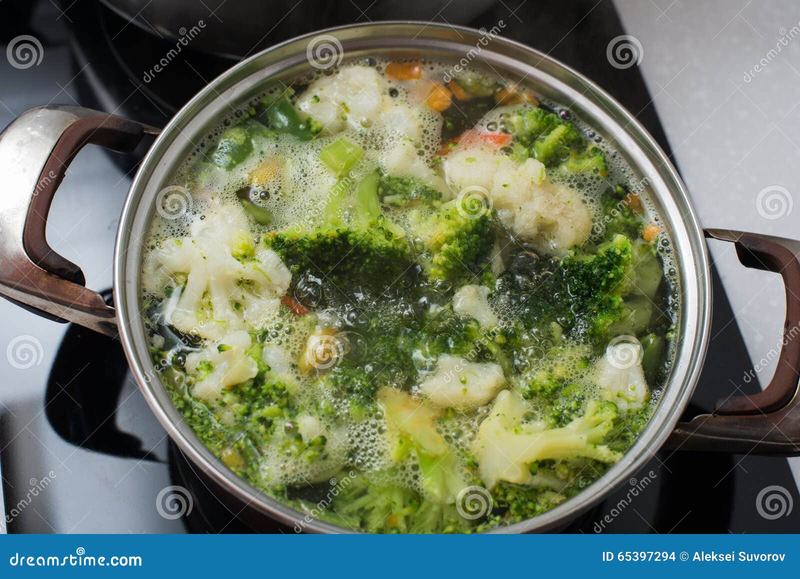 Green Broccoli is in the Pan in Boiling Water Stock Photo Image of