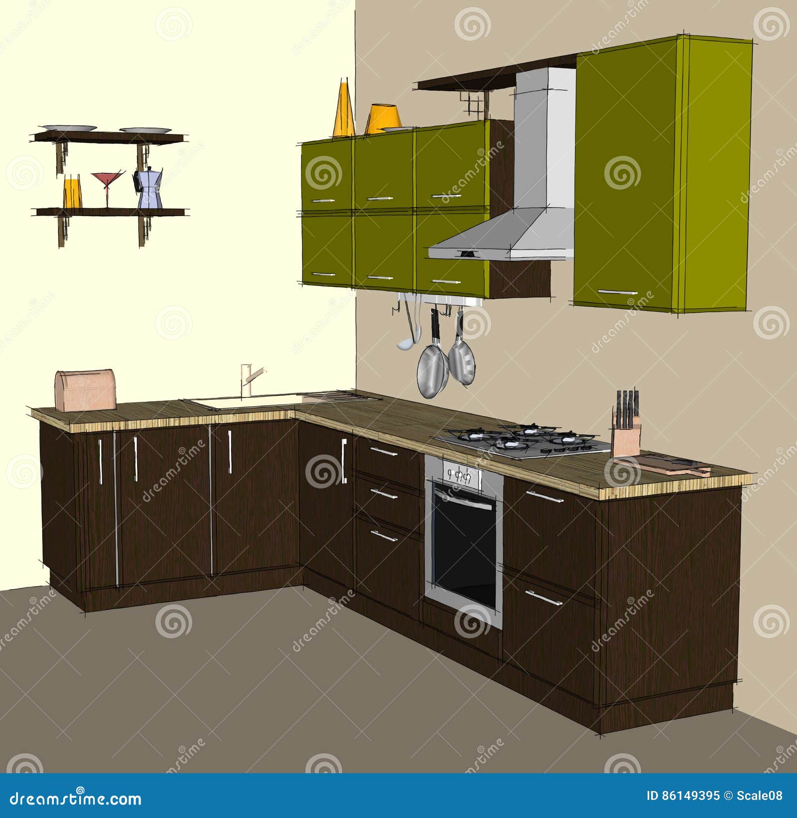 Green and Brown Modern Corner Kitchen Interior Sketch Drawing Stock