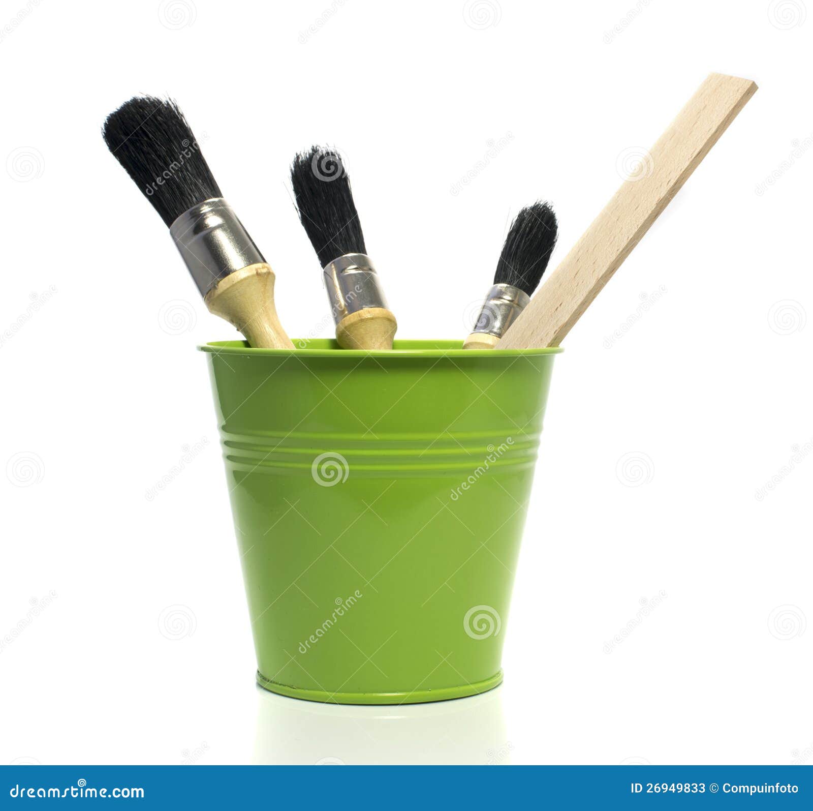 Green Bucket with Paint Brushes Stock Image Image of metal, black