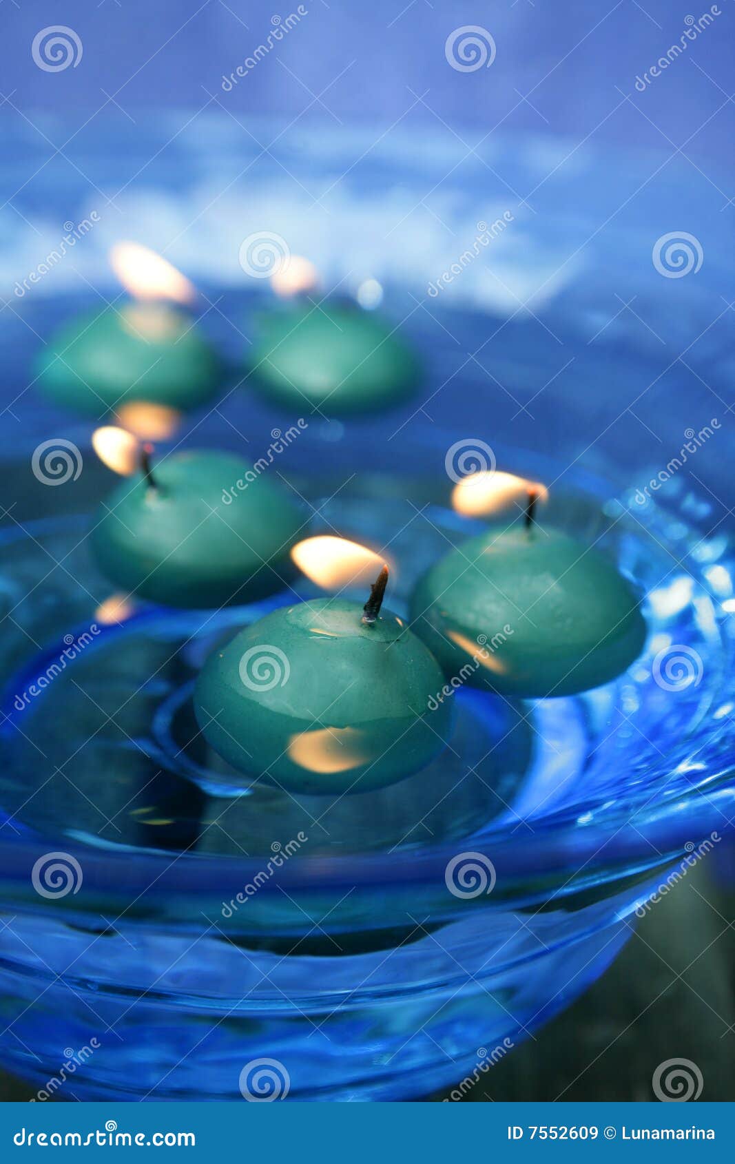 Green Candles Over Blue Glass Bowl of Water Stock Image Image of bowl