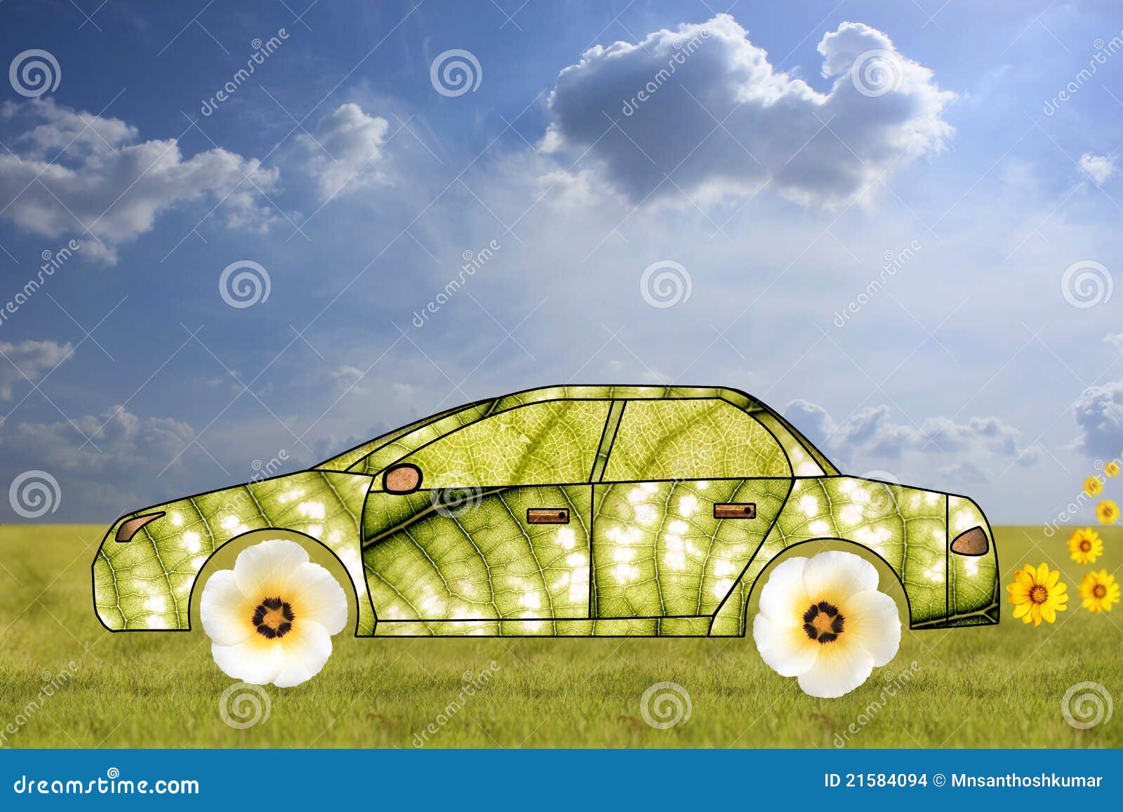 Green Car Concept Made from Leaves and Flowers Stock Illustration