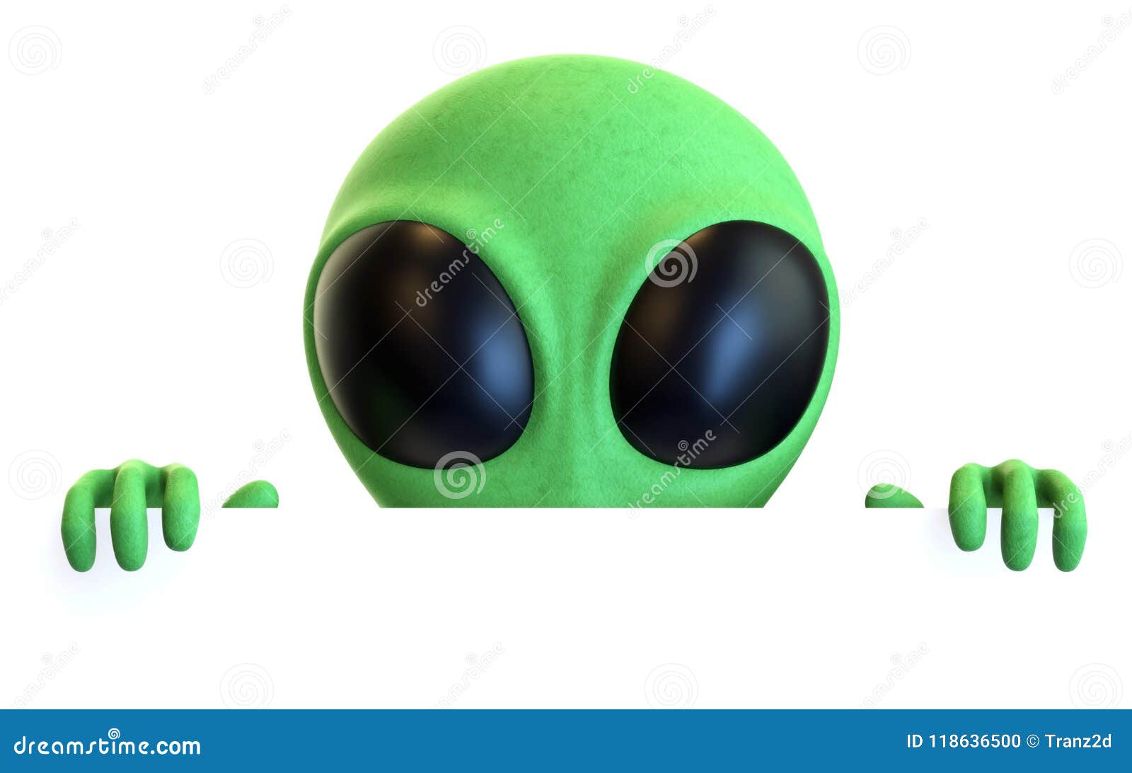 green cartoon alien peeking over a blank sign