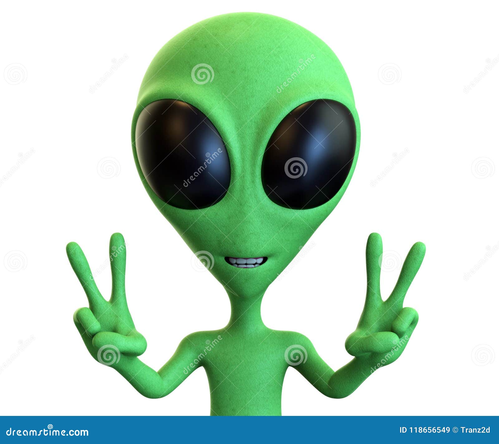 green cartoon alien showing dual peace signs