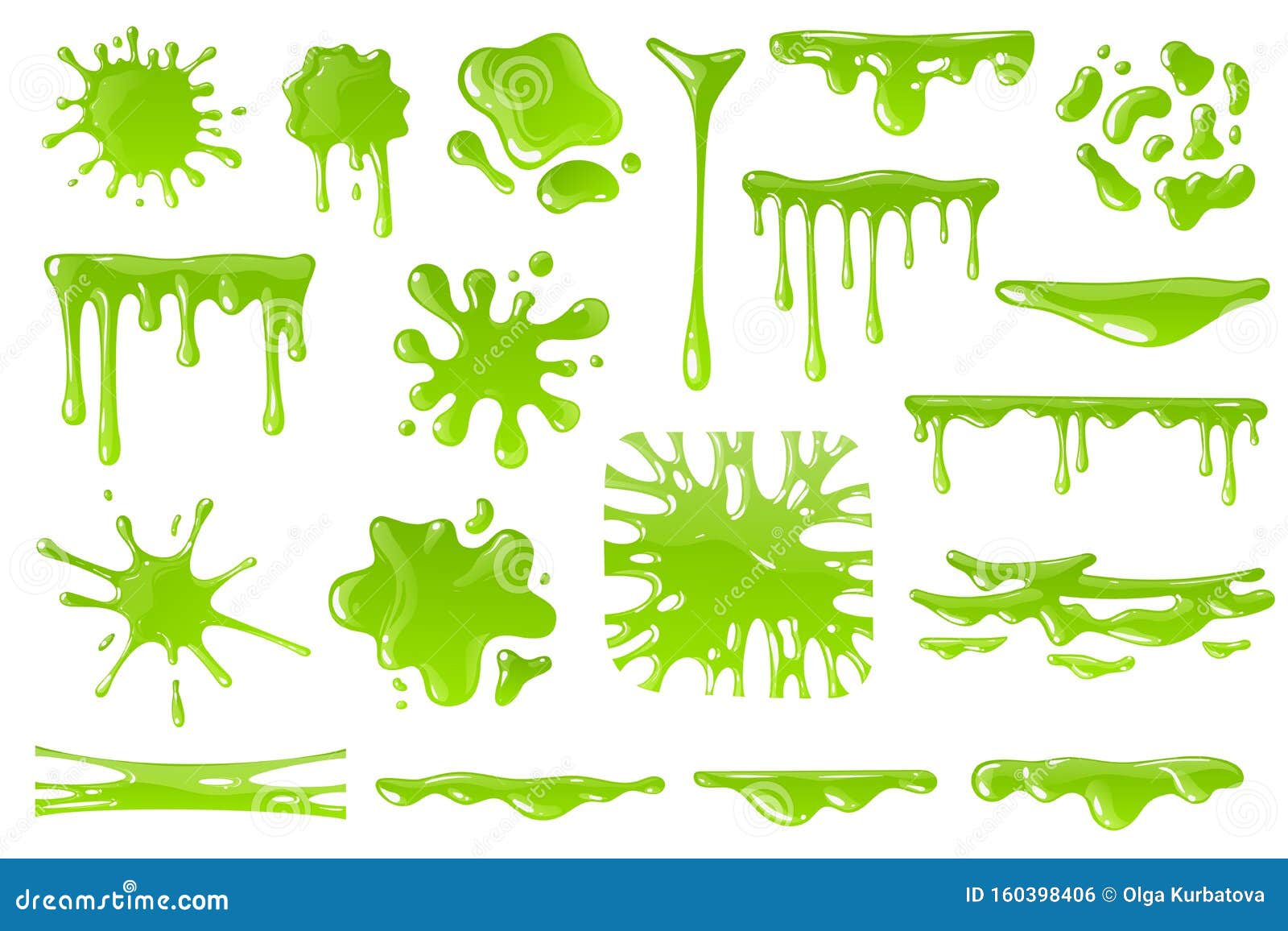 green cartoon slime. goo blob splashes, sticky dripping mucus. slimy drops, messy borders for halloween banners 