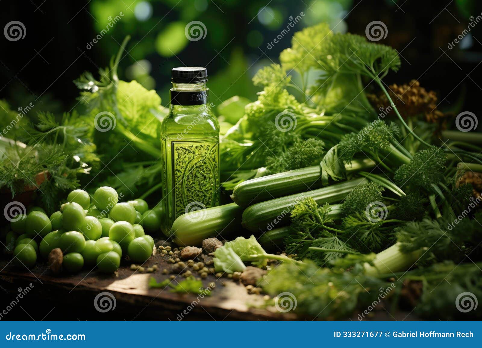 a green celery bottle is surrounded by green veget