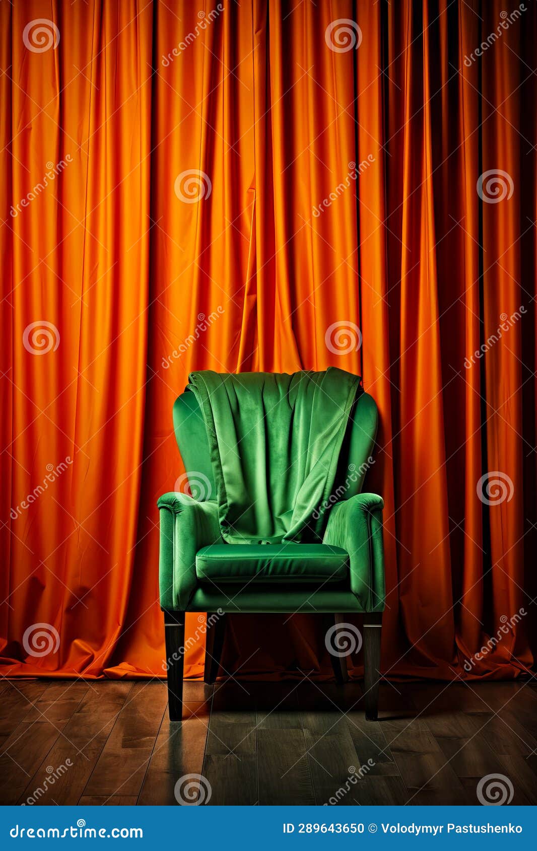 Green Chair Sitting in Front of Red Curtained Wall. Generative AI Stock