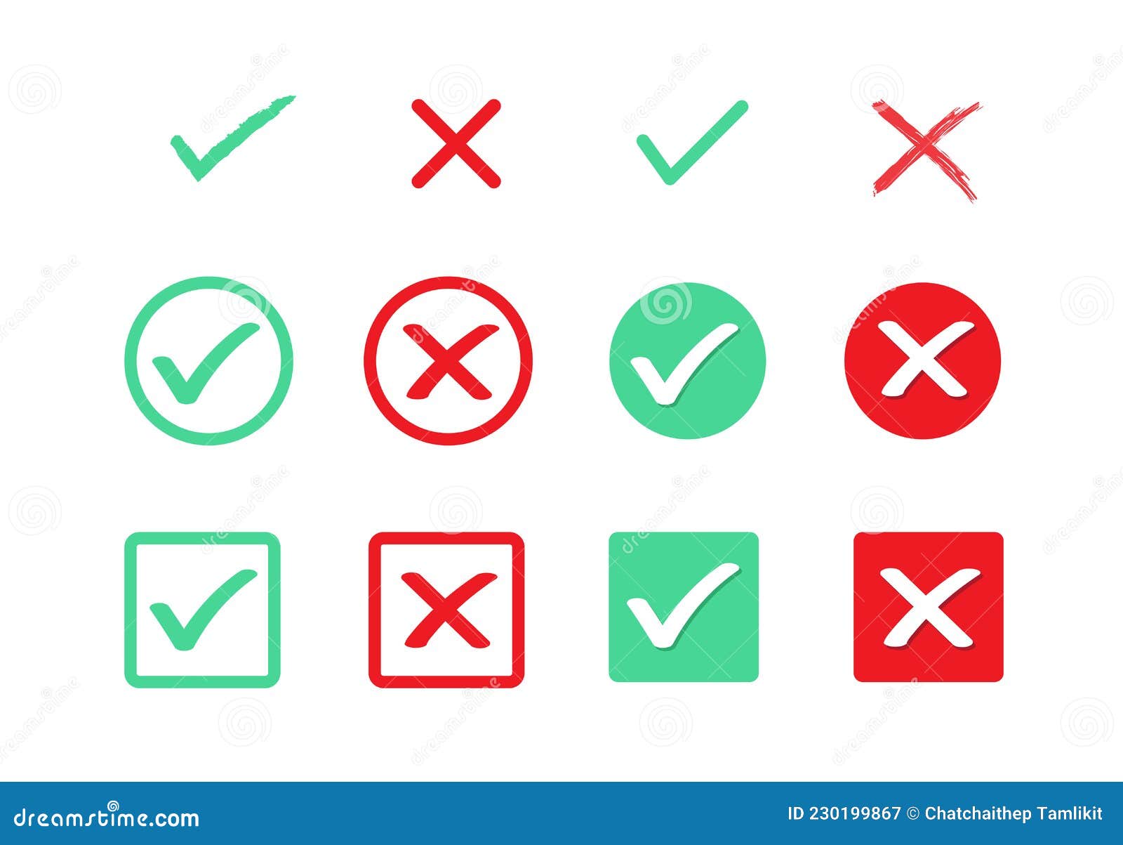green check mark and red cross icon. set of true and false icons.  