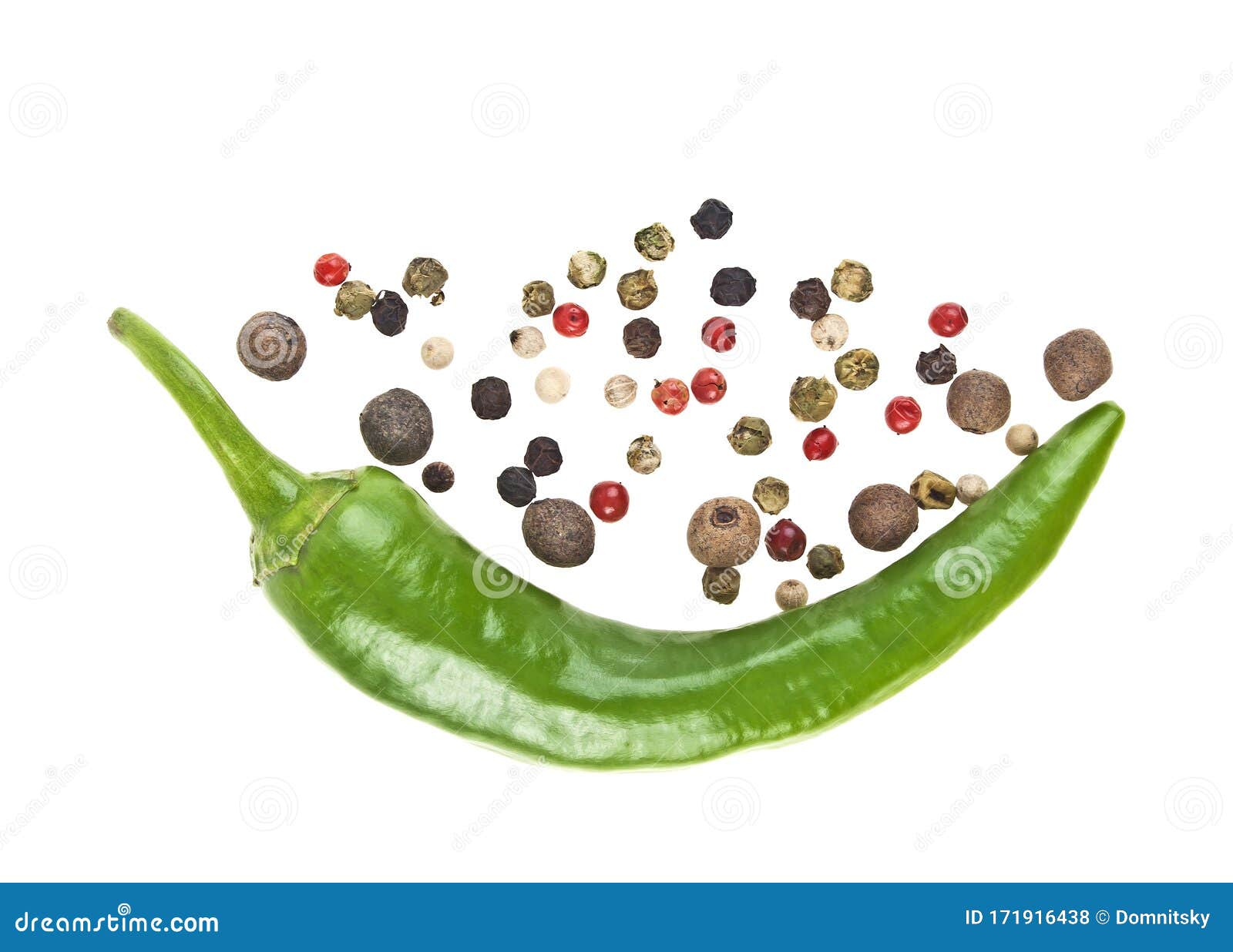 Green Chili Pepper and Mixed Peppercorn on White Background Stock Photo