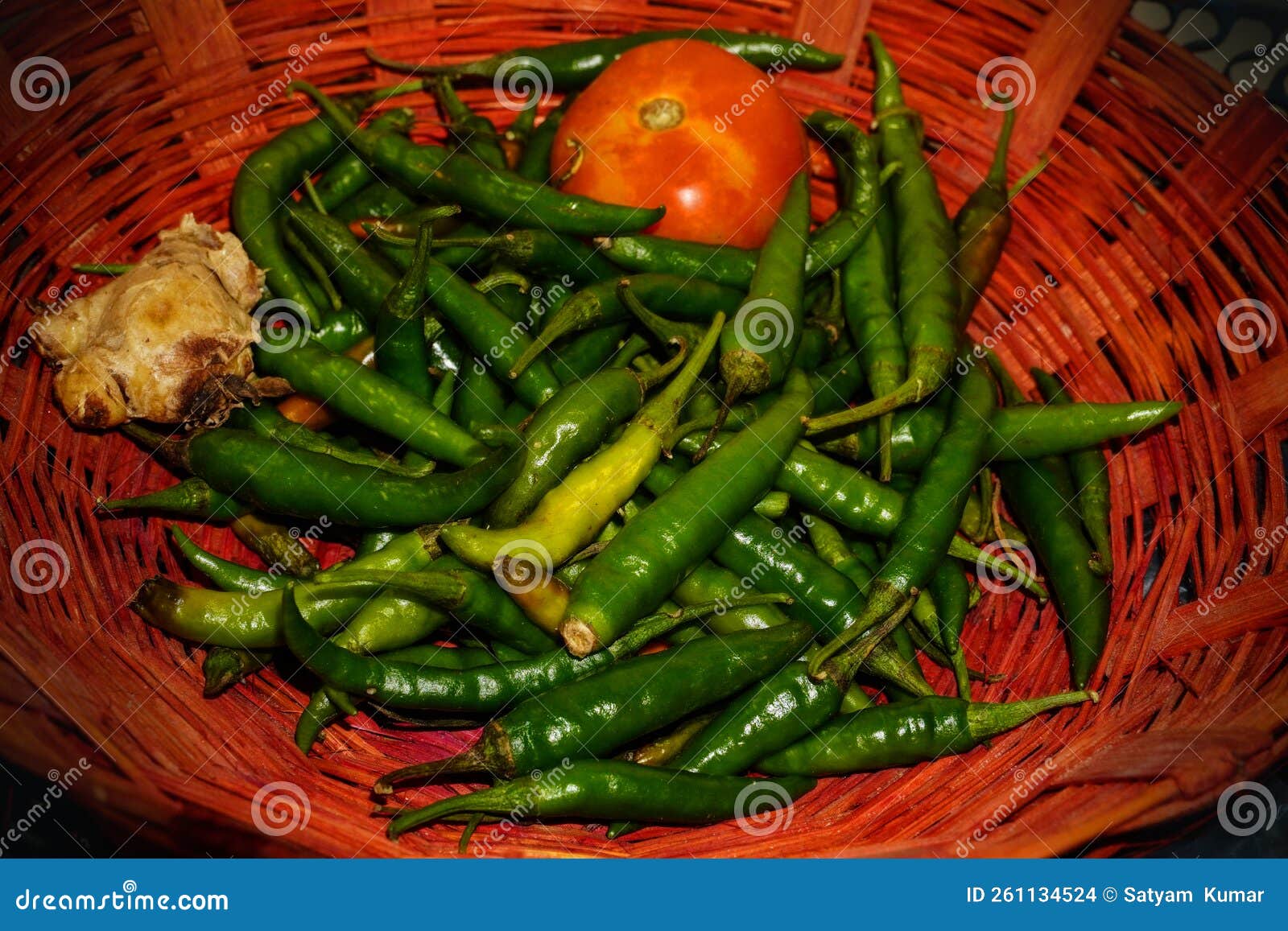 Green Chillies Tomato and Ginger in Basket Stock Photo Image of