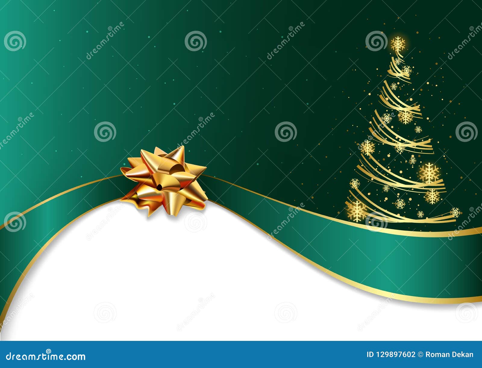 green christmas background with golden bow and tree