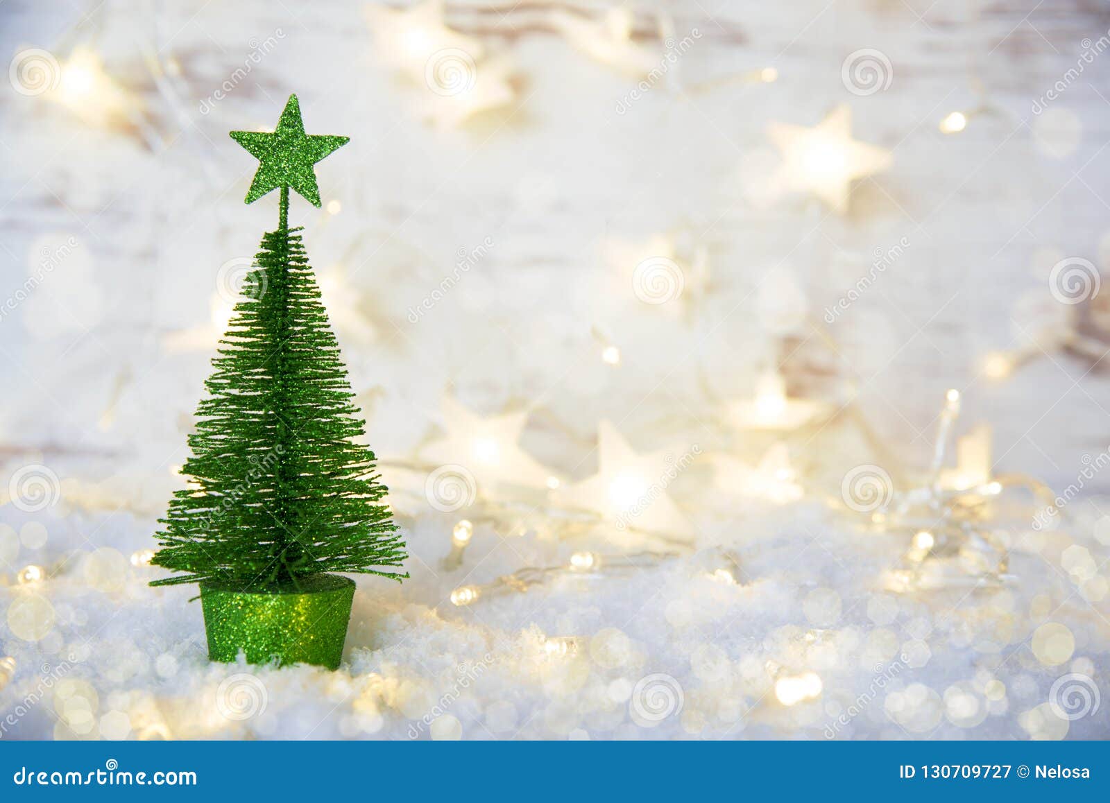 Green Christmas Tree, Fairy Lights, Snow, Star Stock Image - Image of ...