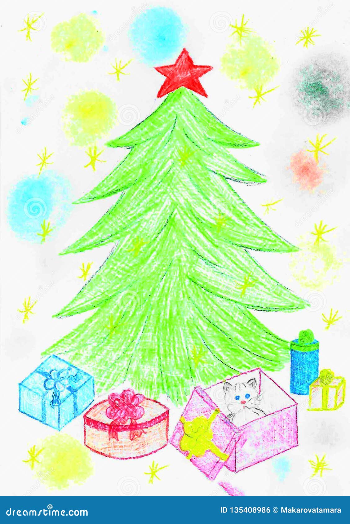 Green Christmas Tree With Red Star And Gifts, Child