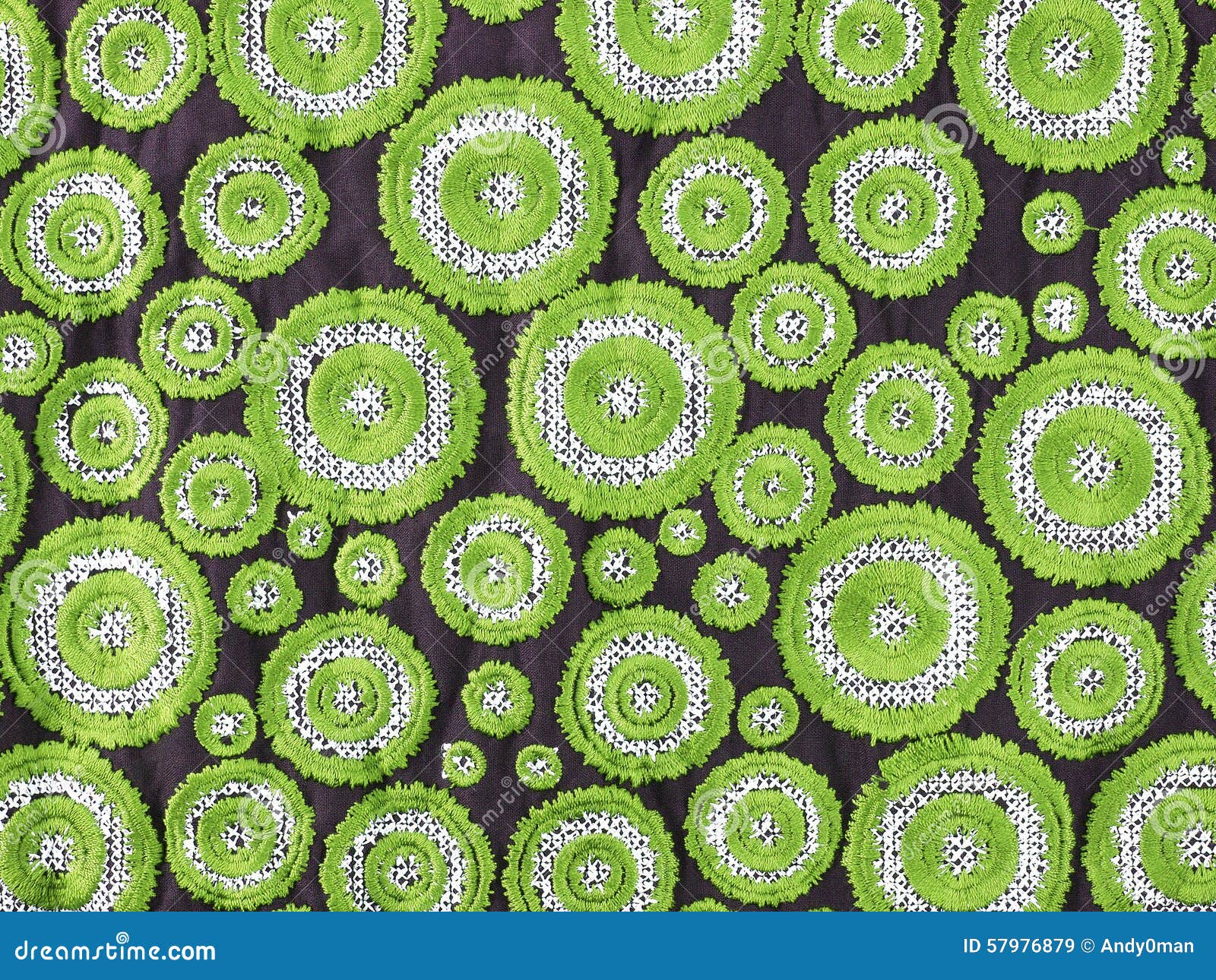 Various Size of Green Circle Embroidery Pattern on Black Linen Fabric