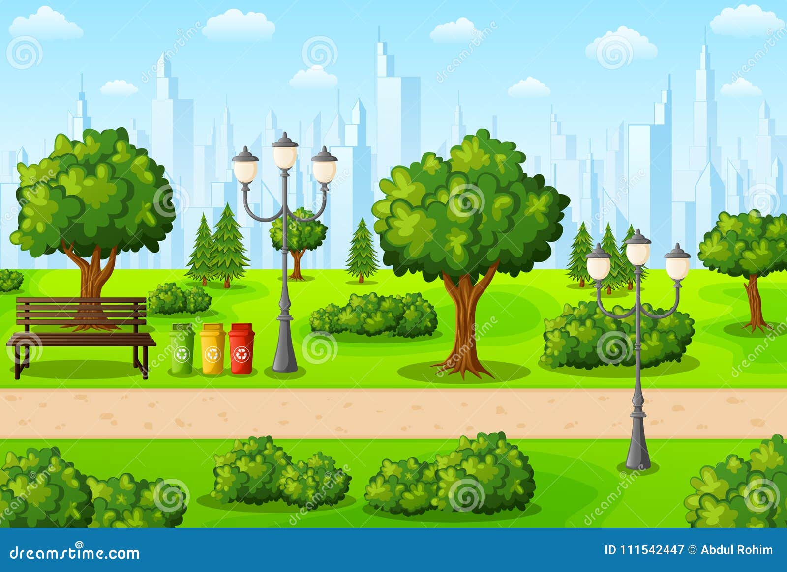 Green City Park with Bench and Trash Stock Vector - Illustration of ...