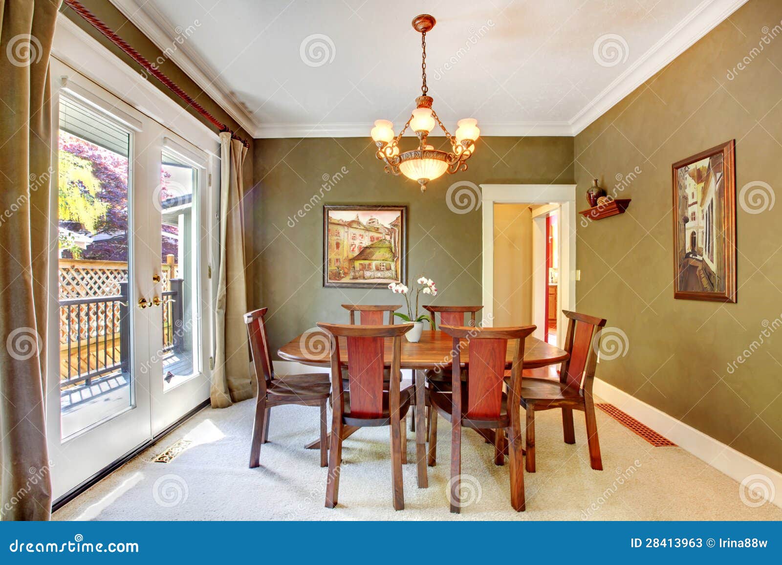 Green Classic Dining Room with Art and Large Door. Stock Image Image