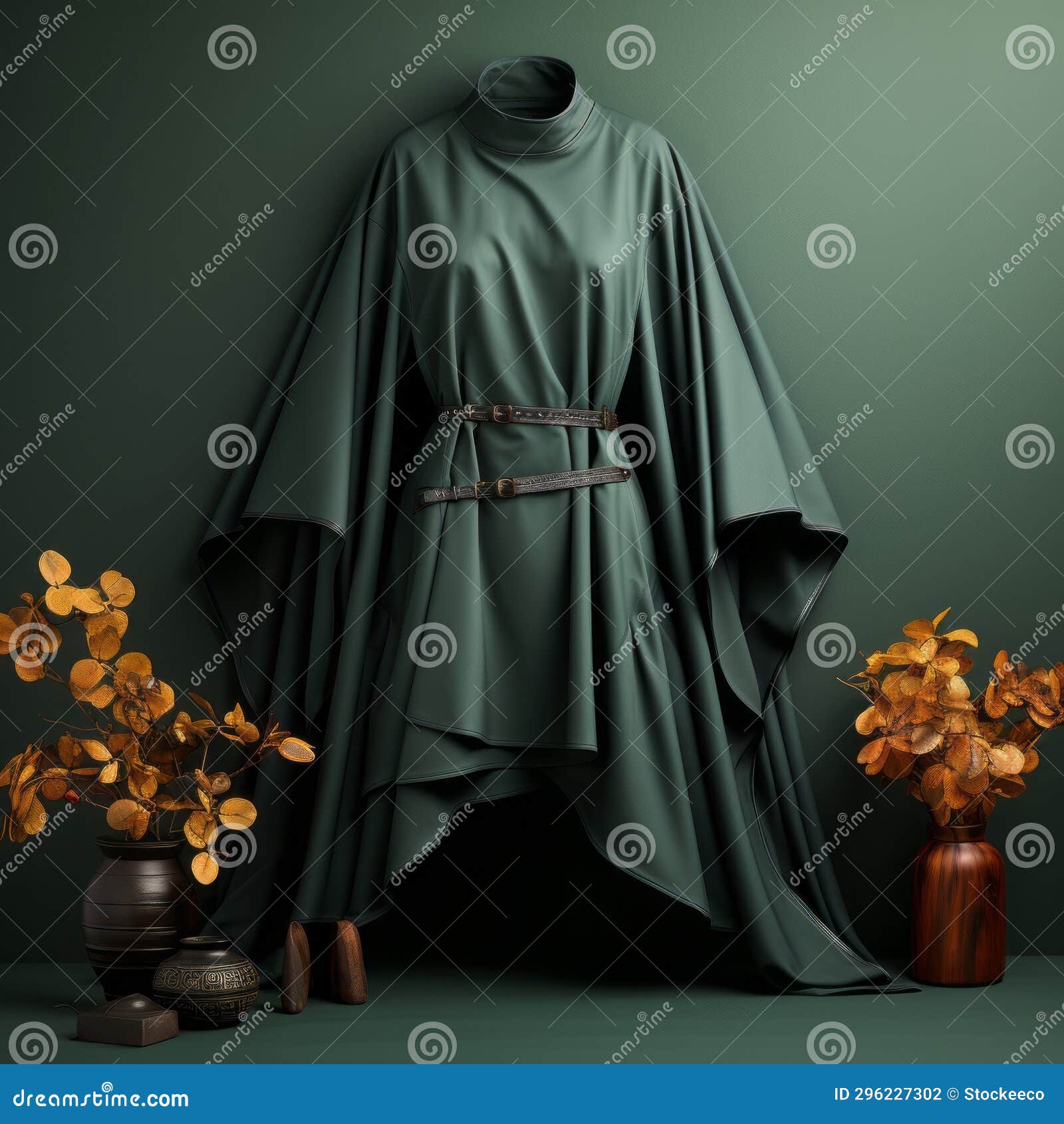 hd 3d realistic render of green cloak with brown belt