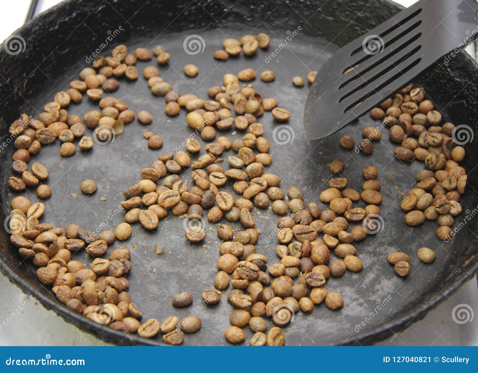 Green Coffee Beans Roasting on the Black Pan Stock Image Image of