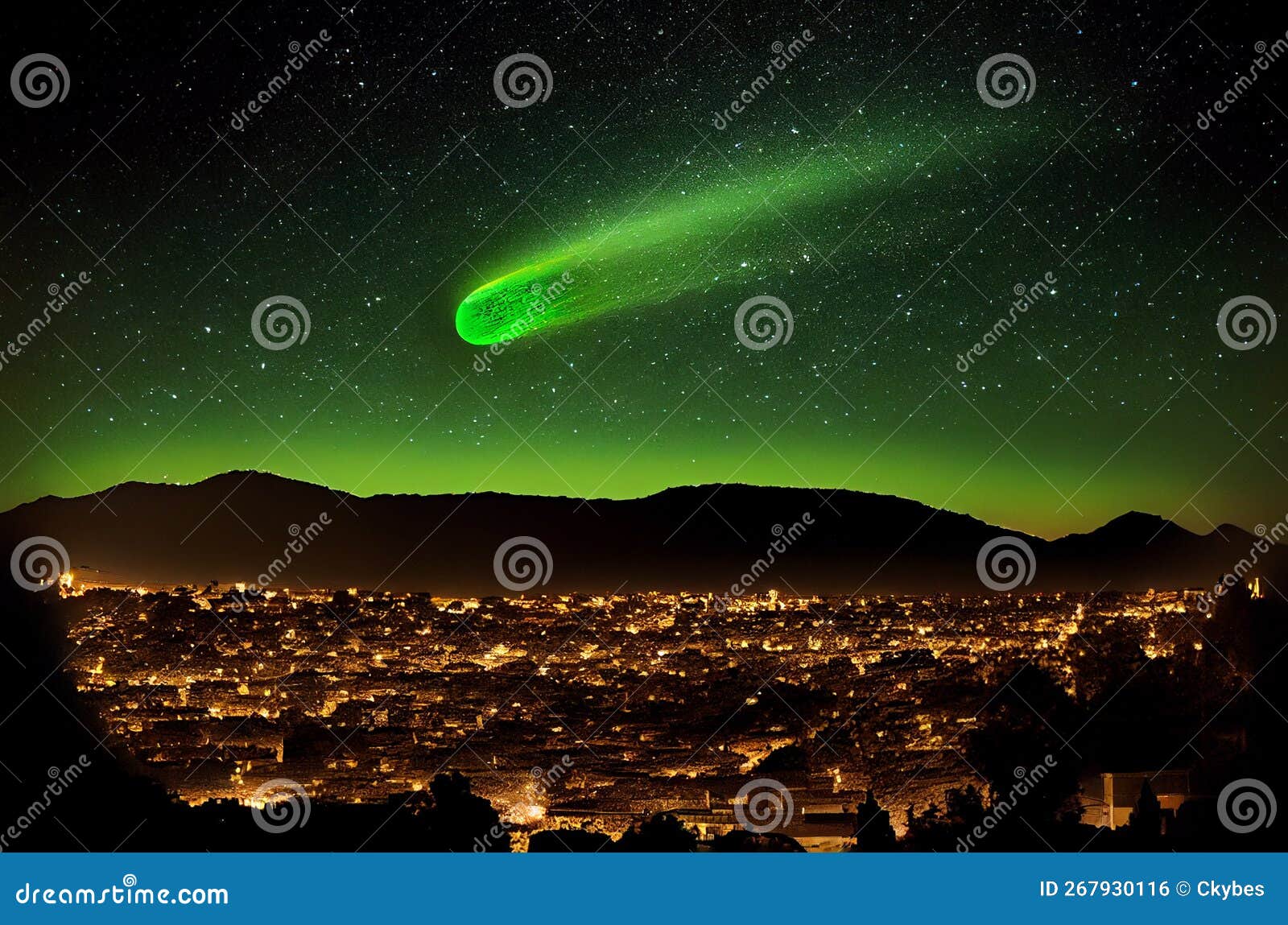 Green Comet in January Over the City. Generating Ai Stock Photo Image