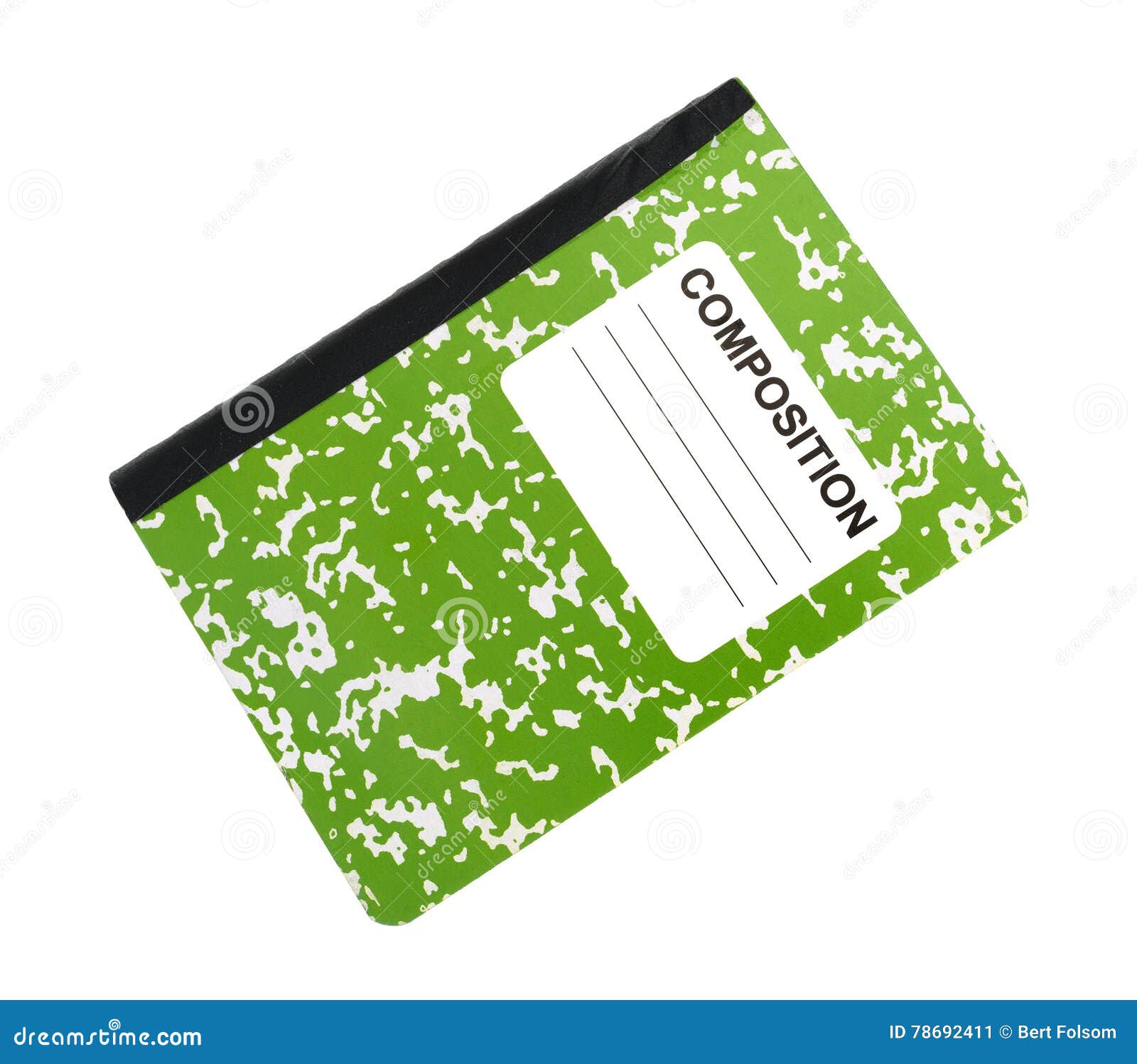 green composition notebook on a white background.