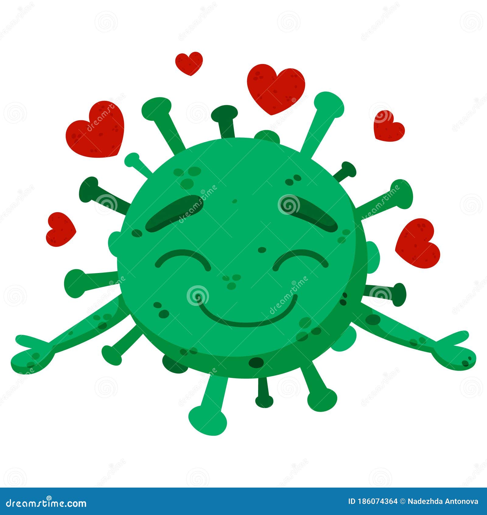 Green Coronavirus with a Heart. Covid-19. Funny Cartoon Character with ...