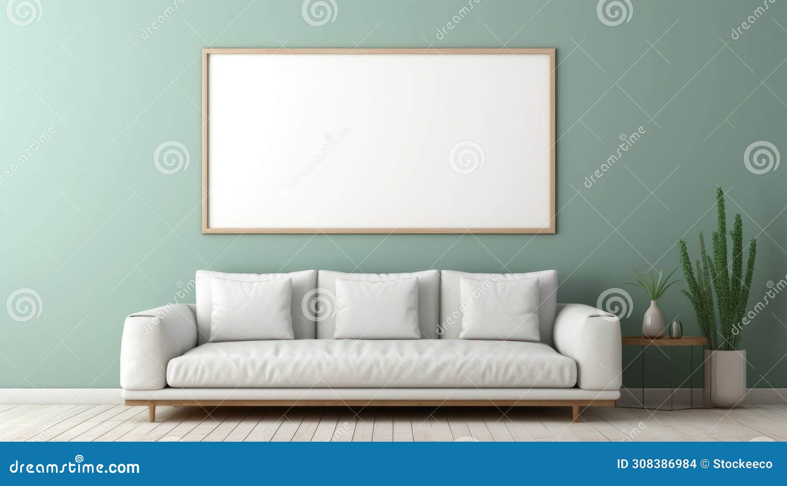 green couch with blank framed picture: soft pastel colors, 8k resolution
