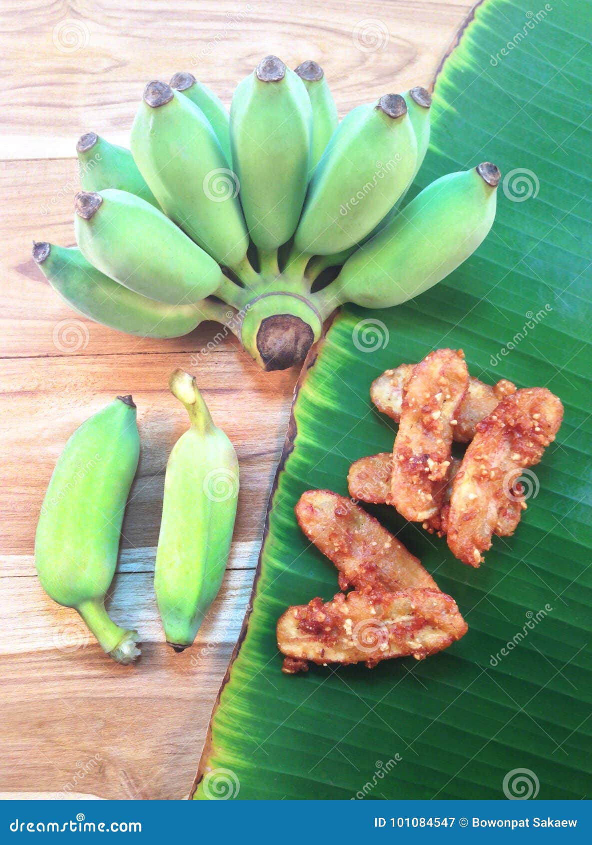Green Cultivated Banana And Fried Banana On Wooden And Banana Le Stock ...