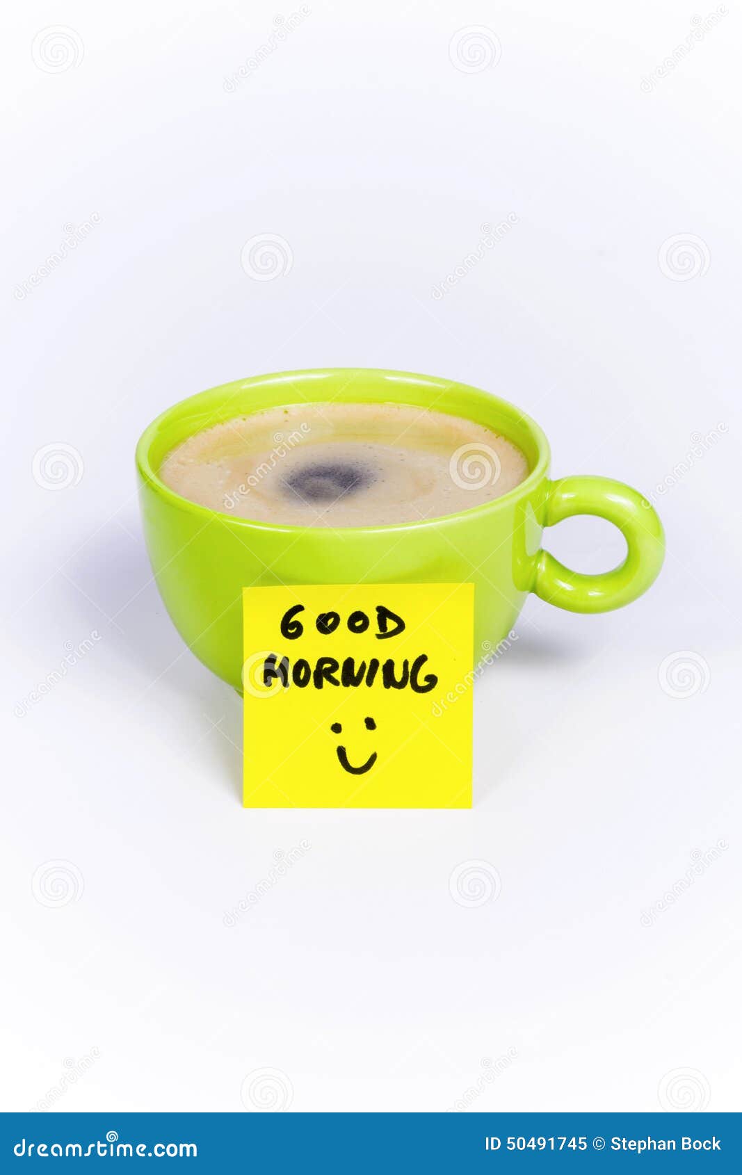Green Cup of Coffee, Organic Coffee, Postit Note Good Morning Stock