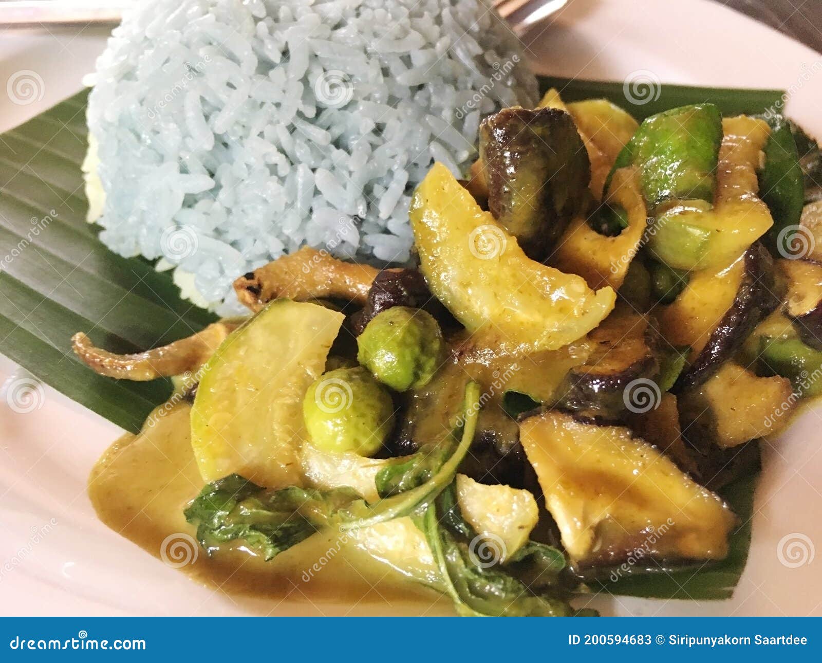 Green Curry with Mushroom and Jasmine Rice. Stock Image Image of