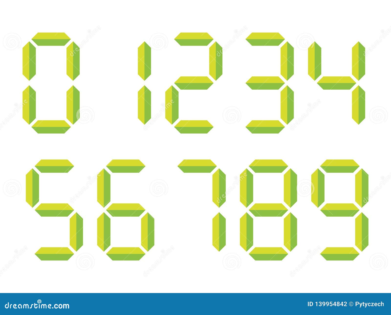 green 3d-like digital numbers. seven-segment display is used in calculators, digital clocks or electronic meters. 