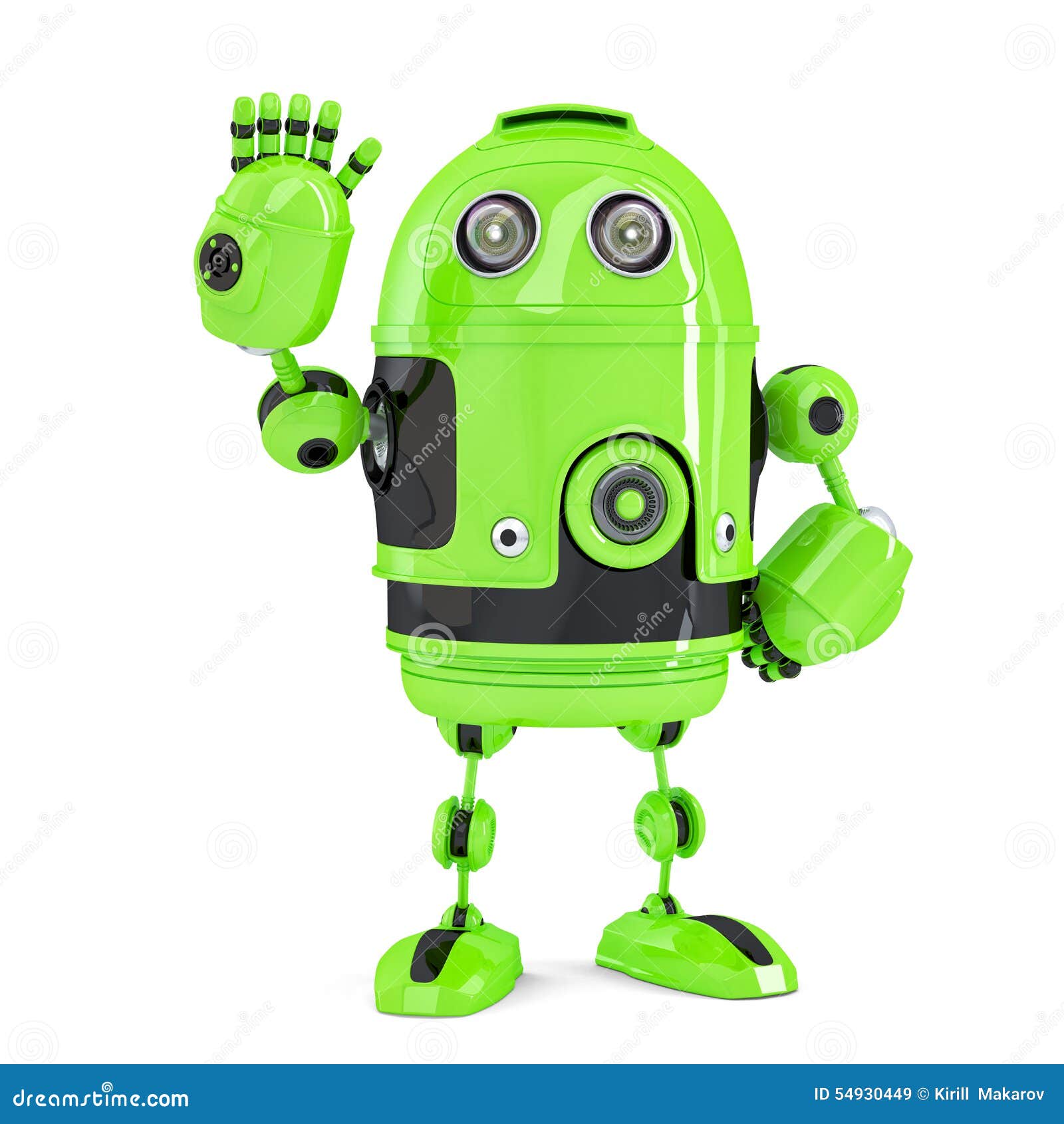 green 3d robot waving hello. . contains clipping path