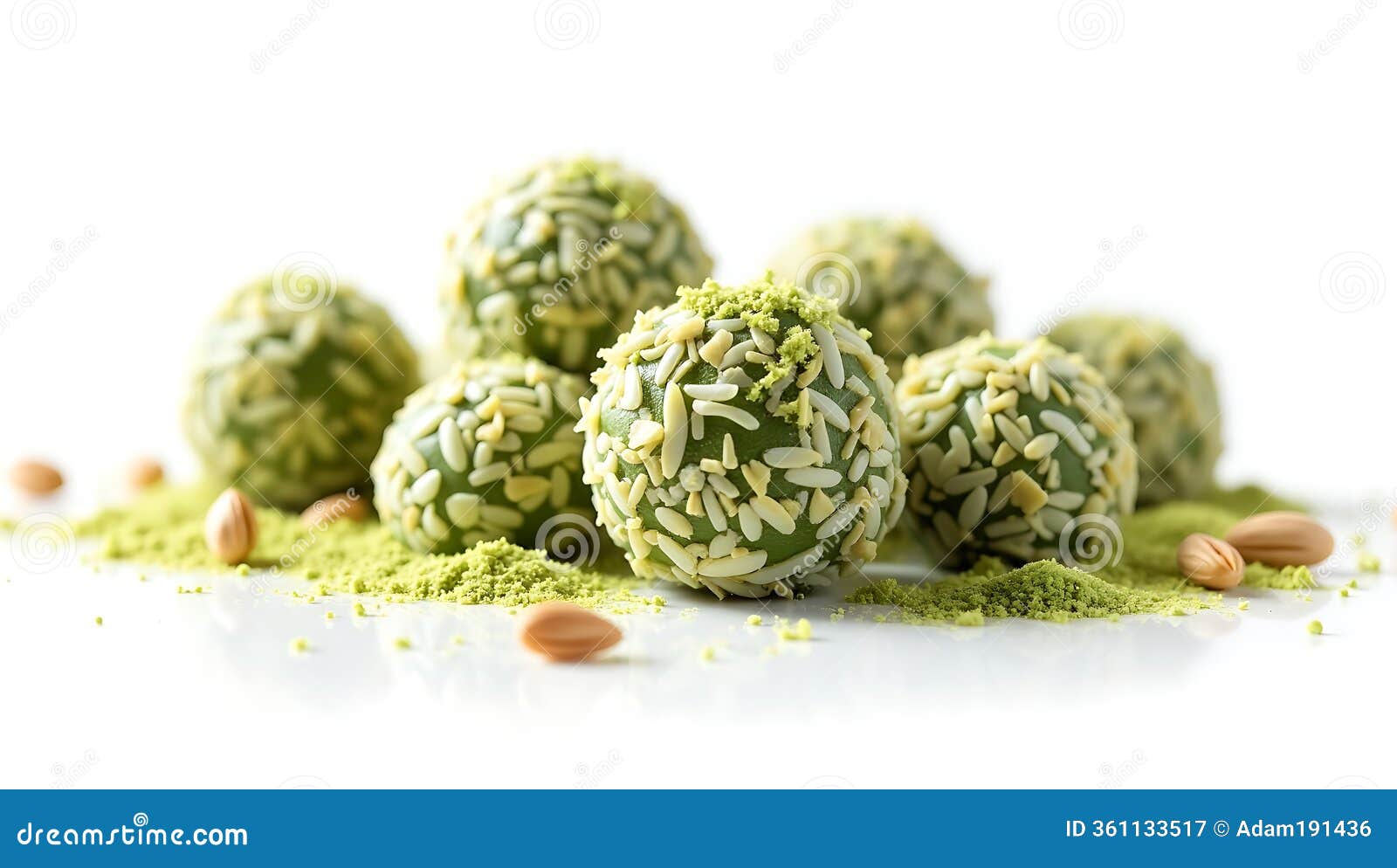 green dessert balls coated in nuts and surrounded by matcha powder on white surface