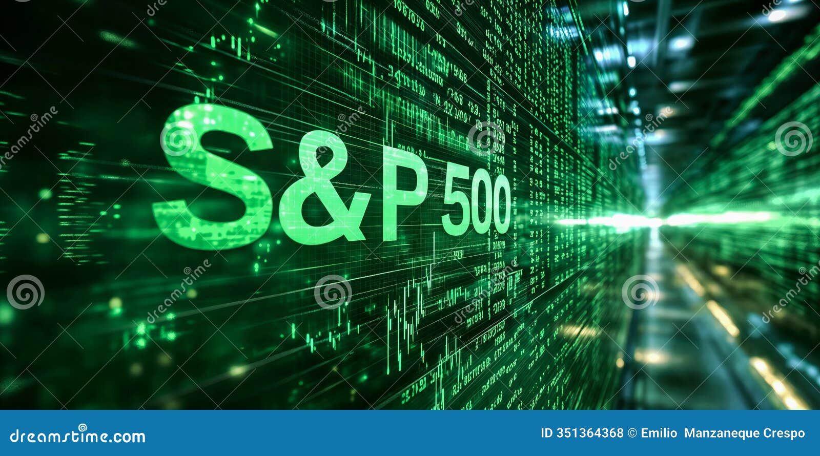 green digital display with the word !s&p 500! (standard and poor's) with financial charts background. american stock bull