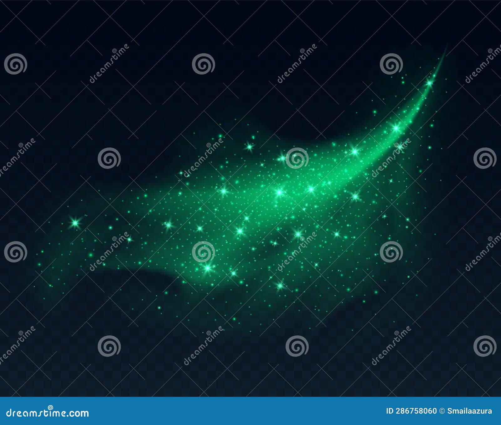 Green Dust Cloud with Sparkles Isolated on Dark Background. Stardust