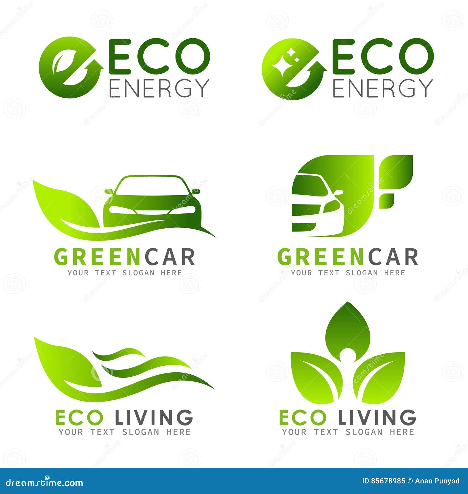 Green ECO Logo with E Letter , Leaf and Car Vector Set Design Stock