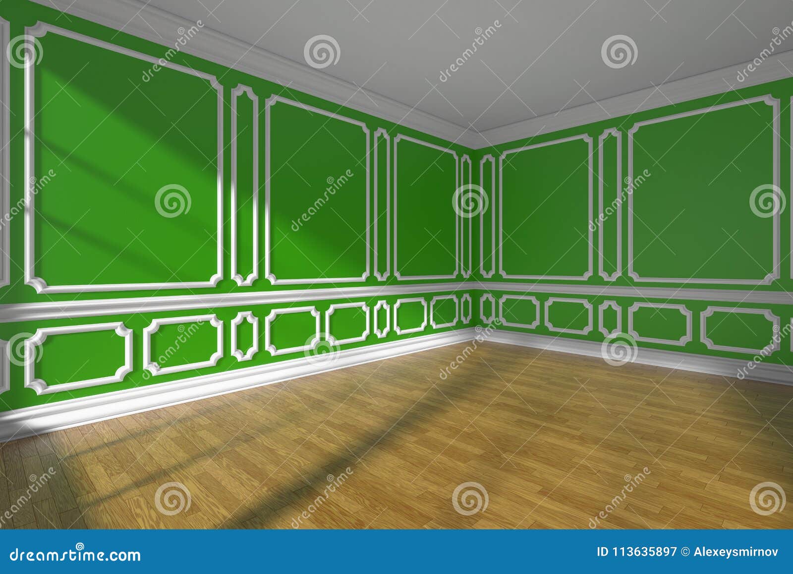 Green Empty Room With Molding And Parquet Wide Angle Stock