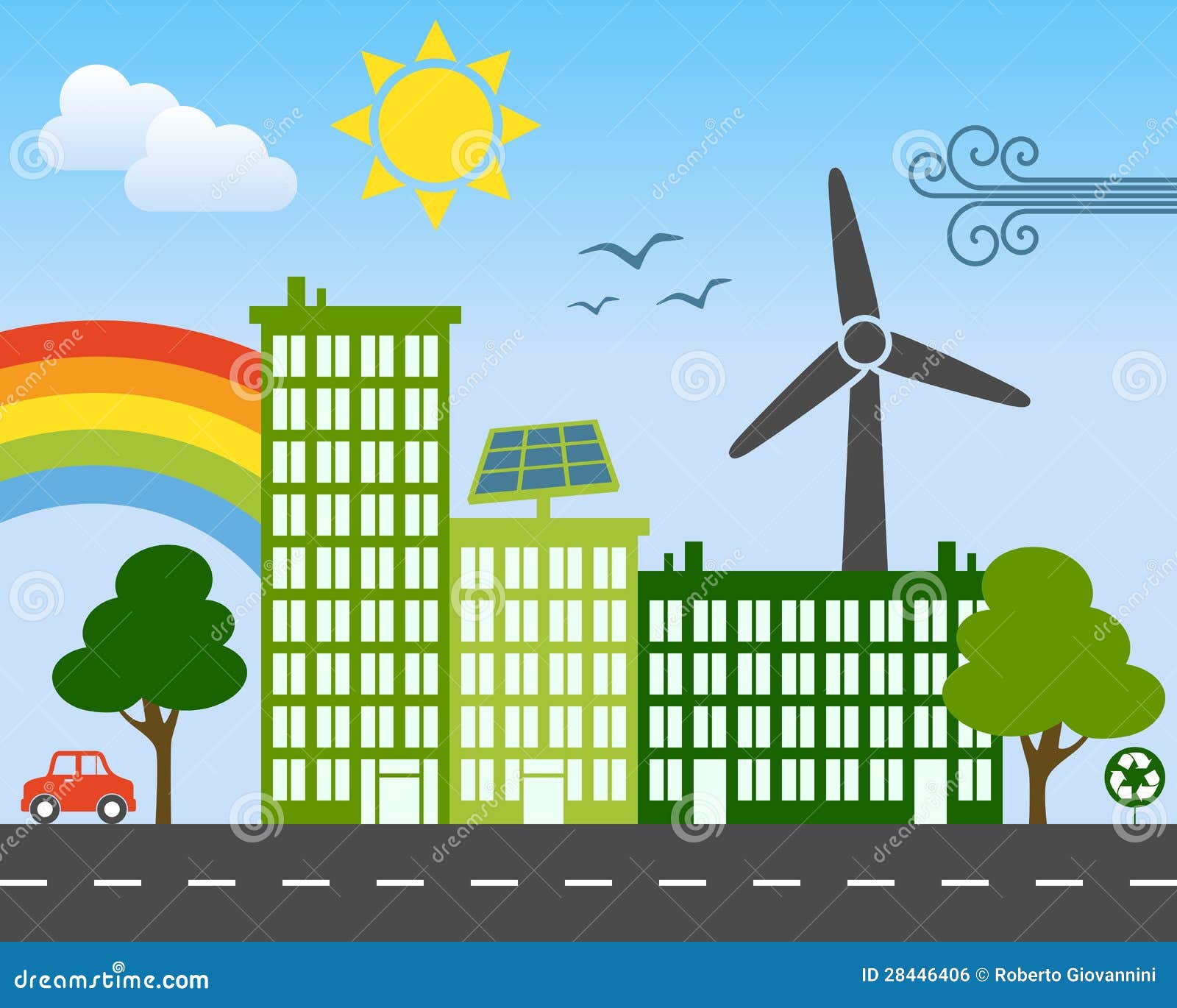 with wind turbine, solar panel and recycle symbol. Eps file available